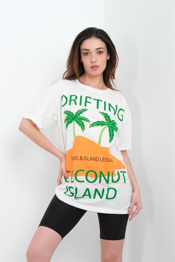 Kadın Önü Coconut İsland Baskılı Tshirt
